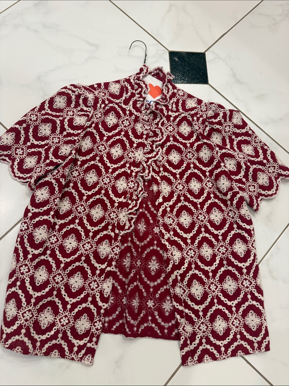 Sezane Red Button-Front Crochet-Pattern Short Sleeve Shirt